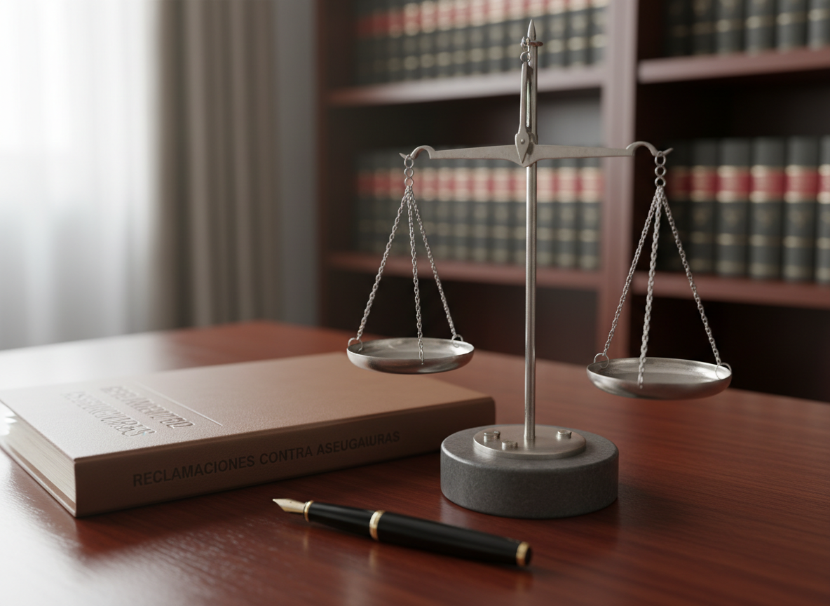 A close-up of an elegant, brushed-metal scale of justice balanced perfectly on a smooth, dark stone base, placed atop a refined wooden desk. Beside it lie a closed leather-bound case file stamped “Reclamaciones contra Aseguradoras” and a fountain pen resting diagonally. Soft natural daylight from a nearby window creates a gentle side light, producing fine highlights on the metal and subtle shadows on the desk. In the background, slightly blurred, stand rows of neatly aligned insurance and legal reference books. Photographic realism, shallow depth of field, centered composition on the scale. The atmosphere is precise, ethical, and strategic, symbolizing expert litigation and negotiation against insurance companies.