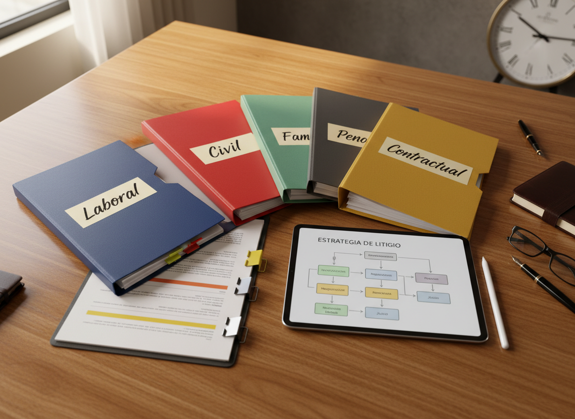 A collection of color-coded legal folders neatly spread on a large oak desk, each labeled in Spanish with clear tags: “Laboral”, “Civil”, “Familia”, “Penal”, “Contractual”. An open folder reveals carefully clipped documents and highlighted paragraphs. A digital tablet displays a structured litigation strategy diagram, while a classic analog clock with a white face hangs blurred in the background, hinting at time-sensitive cases. Neutral daylight from a window combines with soft overhead office lighting, creating realistic, even illumination and gentle shadows. Photographic realism, shot from an oblique overhead angle, emphasizing order and method. The mood is organized, analytical, and client-focused, illustrating comprehensive coverage of multiple practice areas and strategic planning.